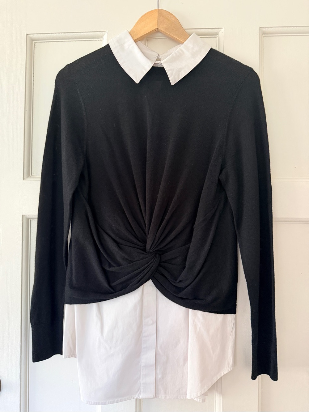 Veronica Beard Black Knit Twist-Front Layered Top with White Collar